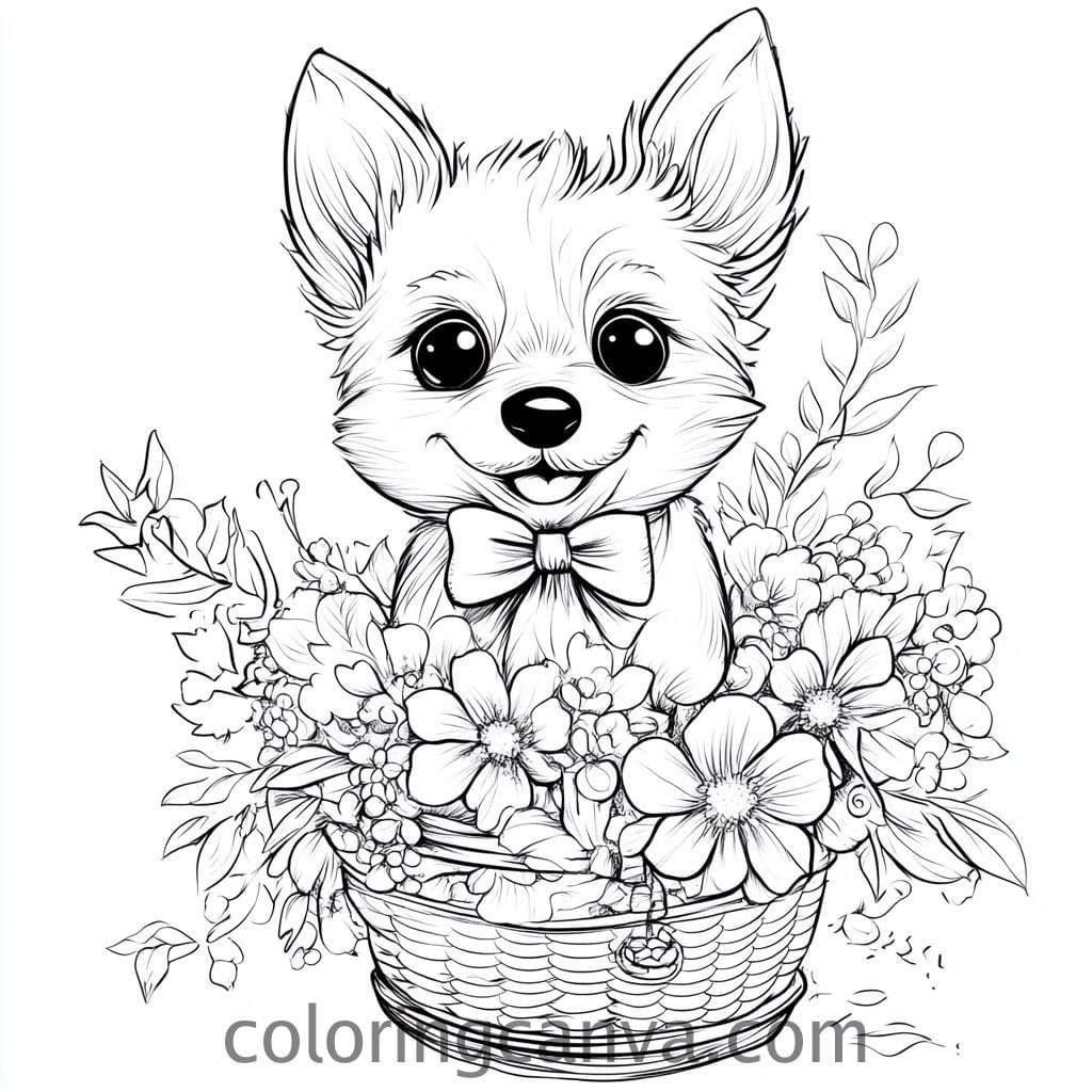 Chiot au panier de fleurs